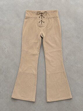 Soft Tan Suede Lace-Up Bootcut Pants